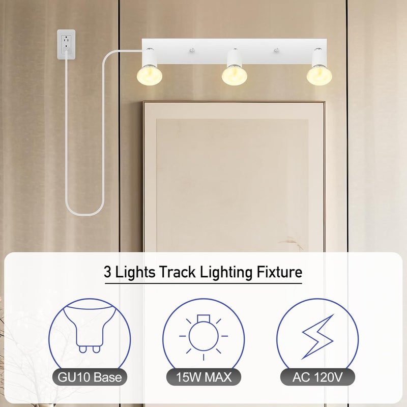 Bricosmocon Plug-in Track Lighting, LED Track Lighting Fixtures Ceiling Kit, 16" White Plug in Wall Light with 14.8ft Cord, 3-Light Ceiling Spotlight,Rotatable Kitchen Light Head for Bedroom Hallway(GU10,NO Bulb) - Image 4